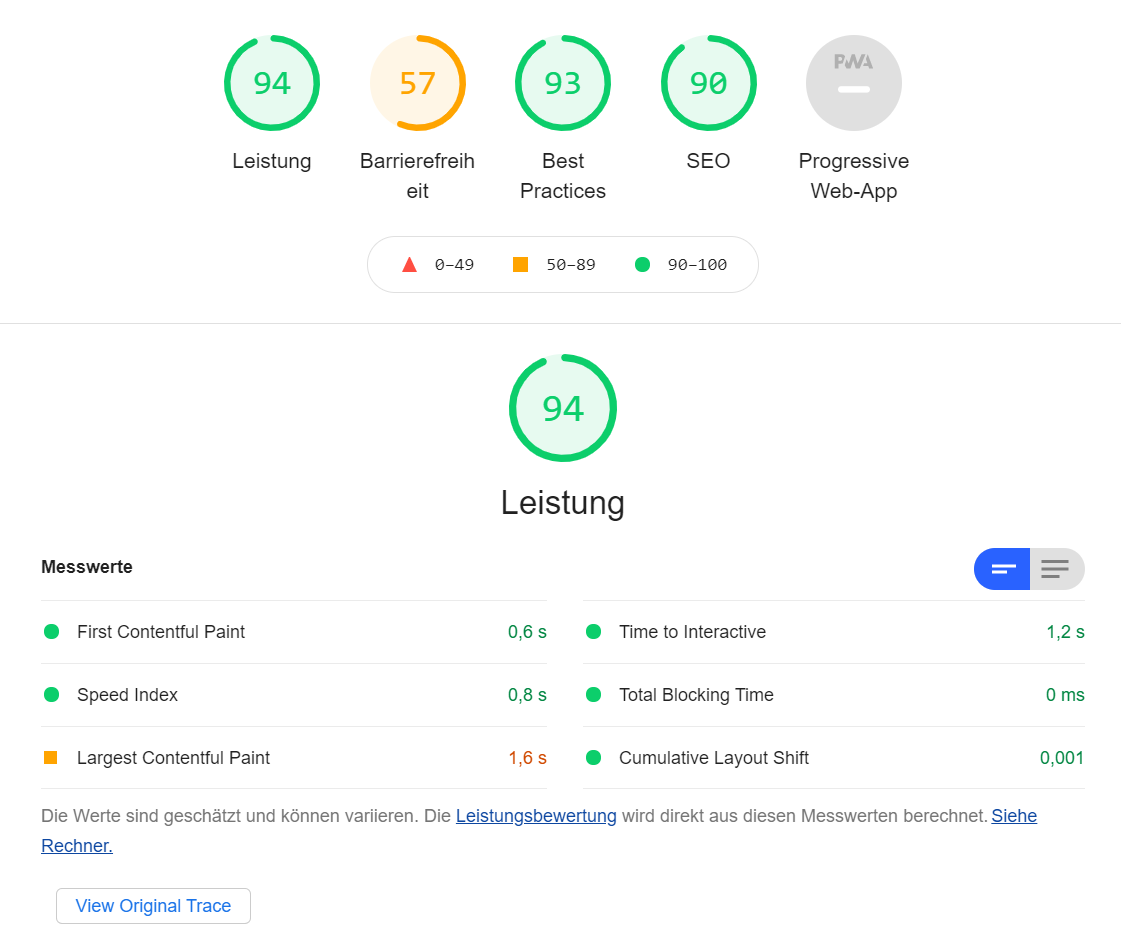 Auswertung in Google Lighthouse